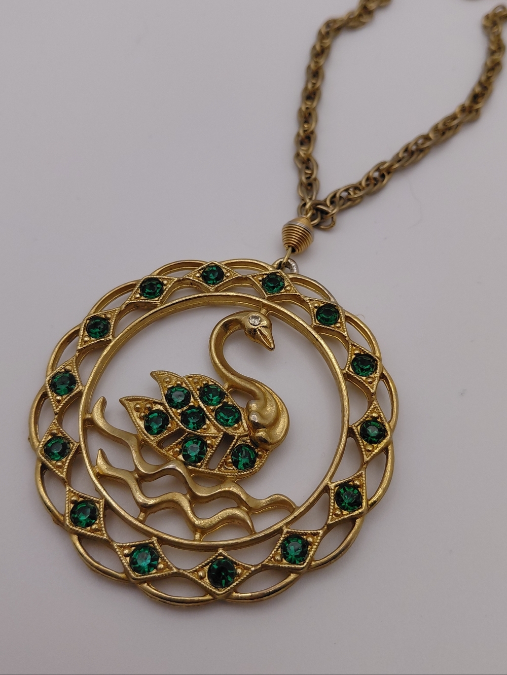 2" Swan Pendant Necklace Emerald Green Crystals Goldtone Chain Statement Piece